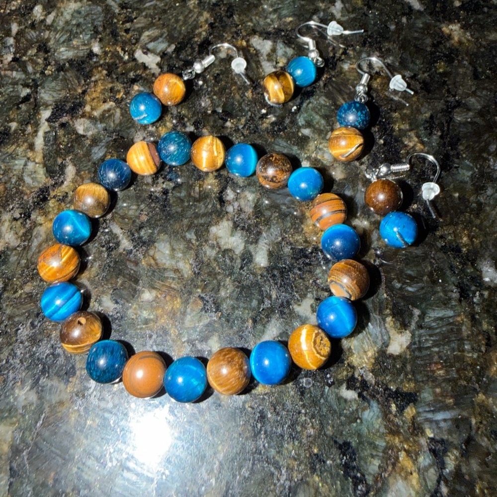 Blue Tigers Eye and Brown Tigers Eye Beaded Jewelry Set